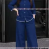 Pearl Lace Embellished Denim Co-Ord Set for Women – Button-Down Collar Shirt with Wide-Leg Palazzo Pants | Plus Size Denim 2-Piece Set (S to 5XL) - Image 4