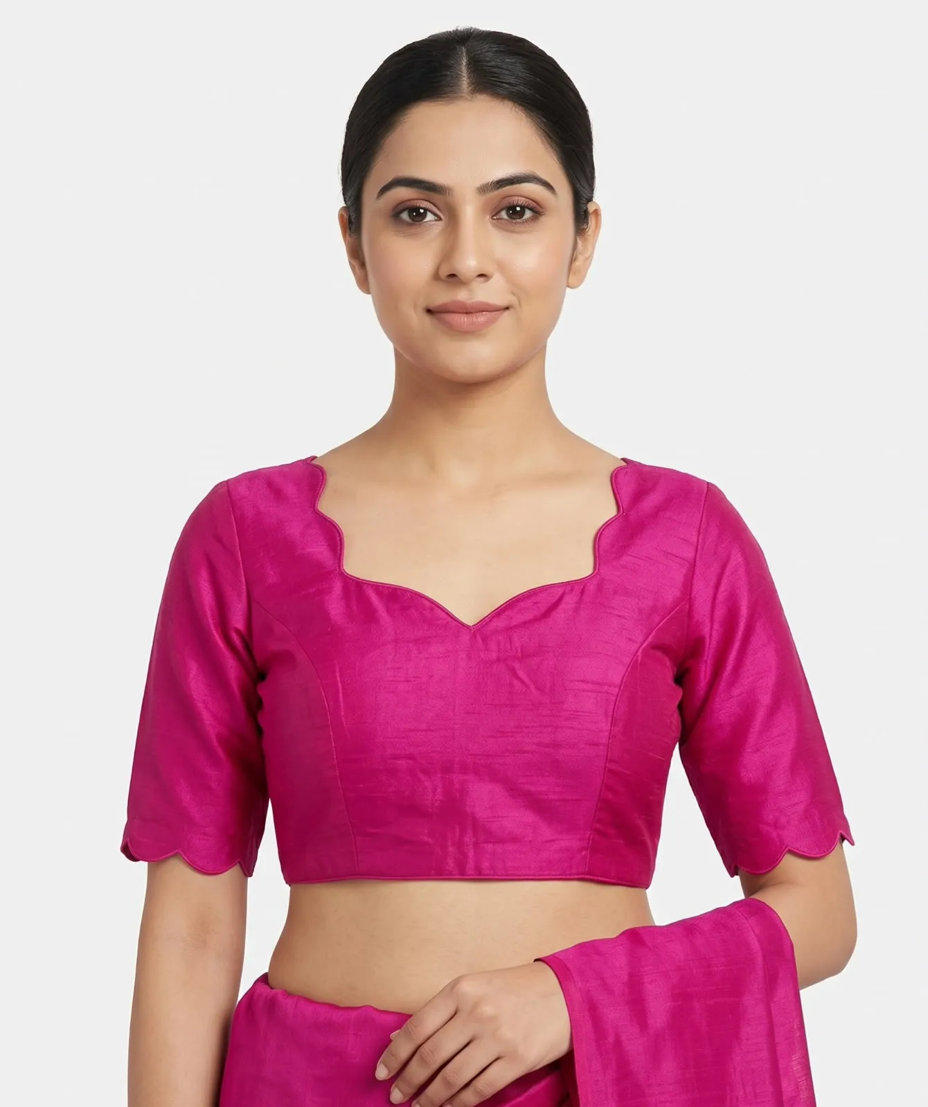 Pink Raw Silk Scalloped Neck Blouse with Tassel Dori