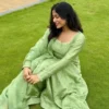 Pista Green Chanderi Silk Anarkali Suit Set | Flared Floor-Length Gown with Hand-Embroidered Cutwork Neckline, Full Sleeves & Scallop Dupatta - Image 2