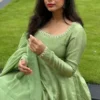 Pista Green Chanderi Silk Anarkali Suit Set | Flared Floor-Length Gown with Hand-Embroidered Cutwork Neckline, Full Sleeves & Scallop Dupatta - Image 3
