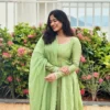 Pista Green Chanderi Silk Anarkali Suit Set | Flared Floor-Length Gown with Hand-Embroidered Cutwork Neckline, Full Sleeves & Scallop Dupatta - Image 4