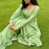 Pista Green Chanderi Silk Anarkali Suit Set | Flared Floor-Length Gown with Hand-Embroidered Cutwork Neckline, Full Sleeves & Scallop Dupatta - Image 5