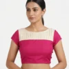 Pleated Boat Neck Raw Silk Readymade Saree Blouse with Cap Sleeves | Designer Dual-Tone Padded Choli with Back Potli Buttons