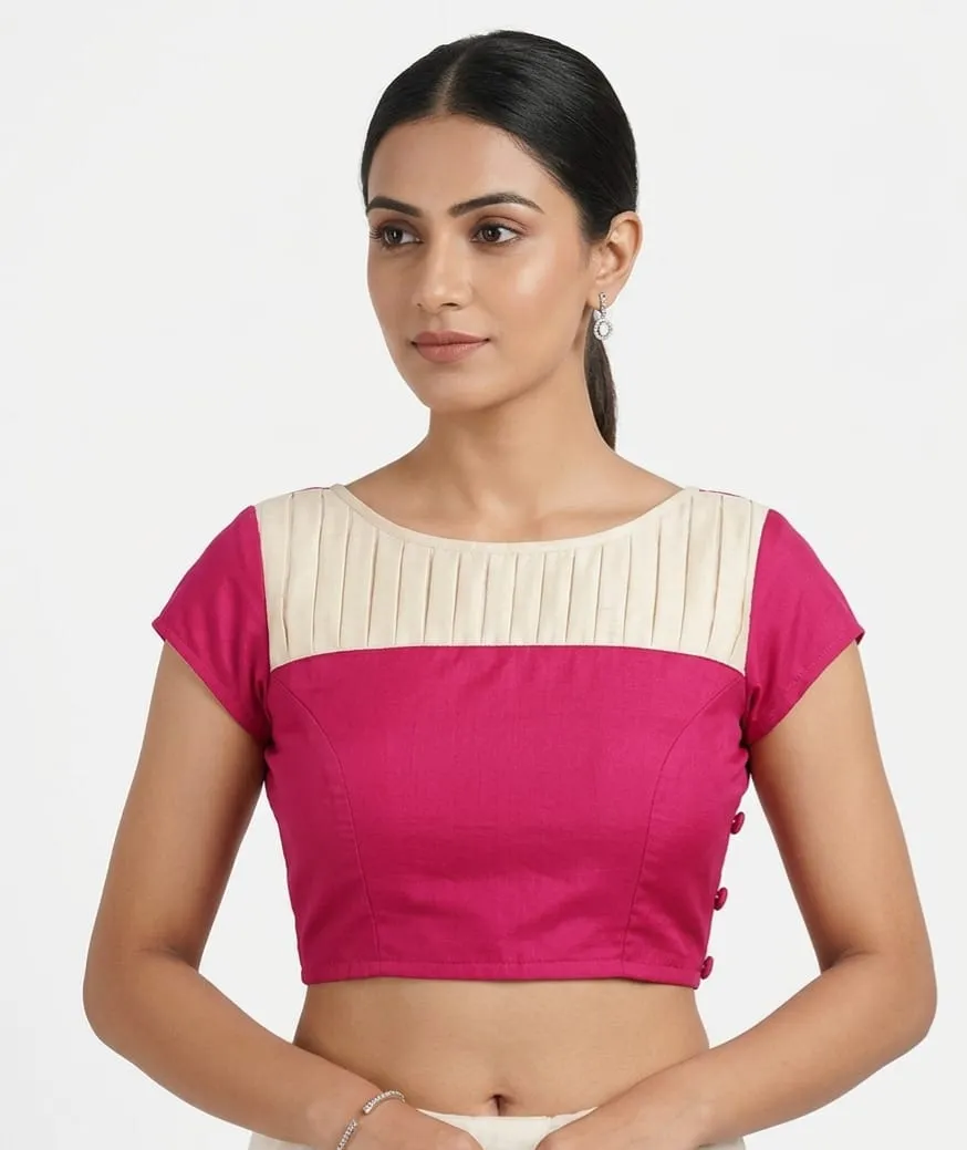 Pleated Boat Neck Raw Silk Readymade Saree Blouse with Cap Sleeves | Designer Dual-Tone Padded Choli with Back Potli Buttons