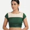 Pleated Boat Neck Raw Silk Readymade Saree Blouse with Cap Sleeves | Designer Dual-Tone Padded Choli with Back Potli Buttons - Image 2