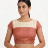 Pleated Boat Neck Raw Silk Readymade Saree Blouse with Cap Sleeves | Designer Dual-Tone Padded Choli with Back Potli Buttons - Image 5