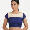 Pleated Boat Neck Raw Silk Readymade Saree Blouse with Cap Sleeves | Designer Dual-Tone Padded Choli with Back Potli Buttons - Image 7