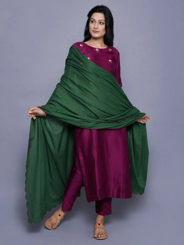 Plum Purple Raw Silk Kurta Pant Set with Forest Green Scallop Dupatta | Hand-Embroidered Festive Salwar Suit Set