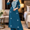 Plus Size (XL-5XL) Pure Vatican Cotton White Floral Chikankari Long Kurti with Flared Palazzo Pant & Lining - Image 9