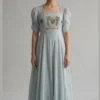 Powder Blue Linen Maxi Dress | Hand Embroidered Palm Tree Bodice with Pearl Detail | Square Neck Puff Sleeve Cut Out Dress | Custom Stitched