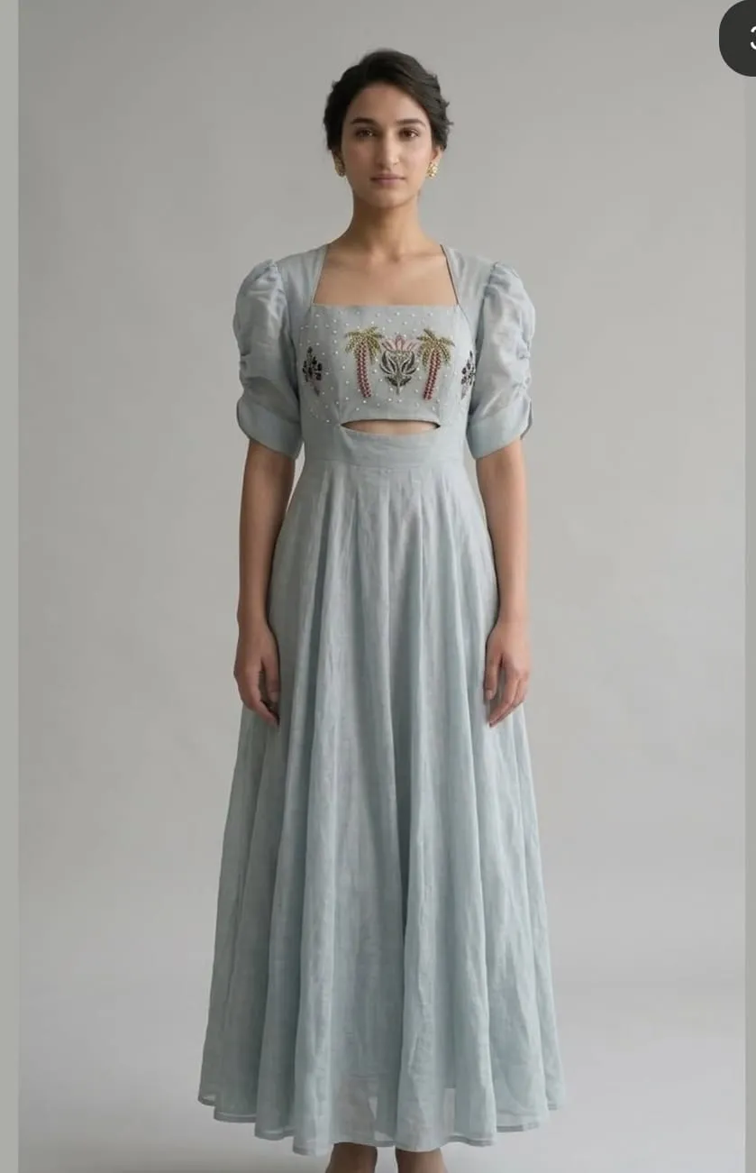 Powder Blue Linen Maxi Dress | Hand Embroidered Palm Tree Bodice with Pearl Detail | Square Neck Puff Sleeve Cut Out Dress | Custom Stitched