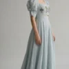 Powder Blue Linen Maxi Dress | Hand Embroidered Palm Tree Bodice with Pearl Detail | Square Neck Puff Sleeve Cut Out Dress | Custom Stitched - Image 2