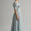Powder Blue Linen Maxi Dress | Hand Embroidered Palm Tree Bodice with Pearl Detail | Square Neck Puff Sleeve Cut Out Dress | Custom Stitched - Image 3