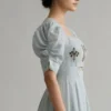 Powder Blue Linen Maxi Dress | Hand Embroidered Palm Tree Bodice with Pearl Detail | Square Neck Puff Sleeve Cut Out Dress | Custom Stitched - Image 4