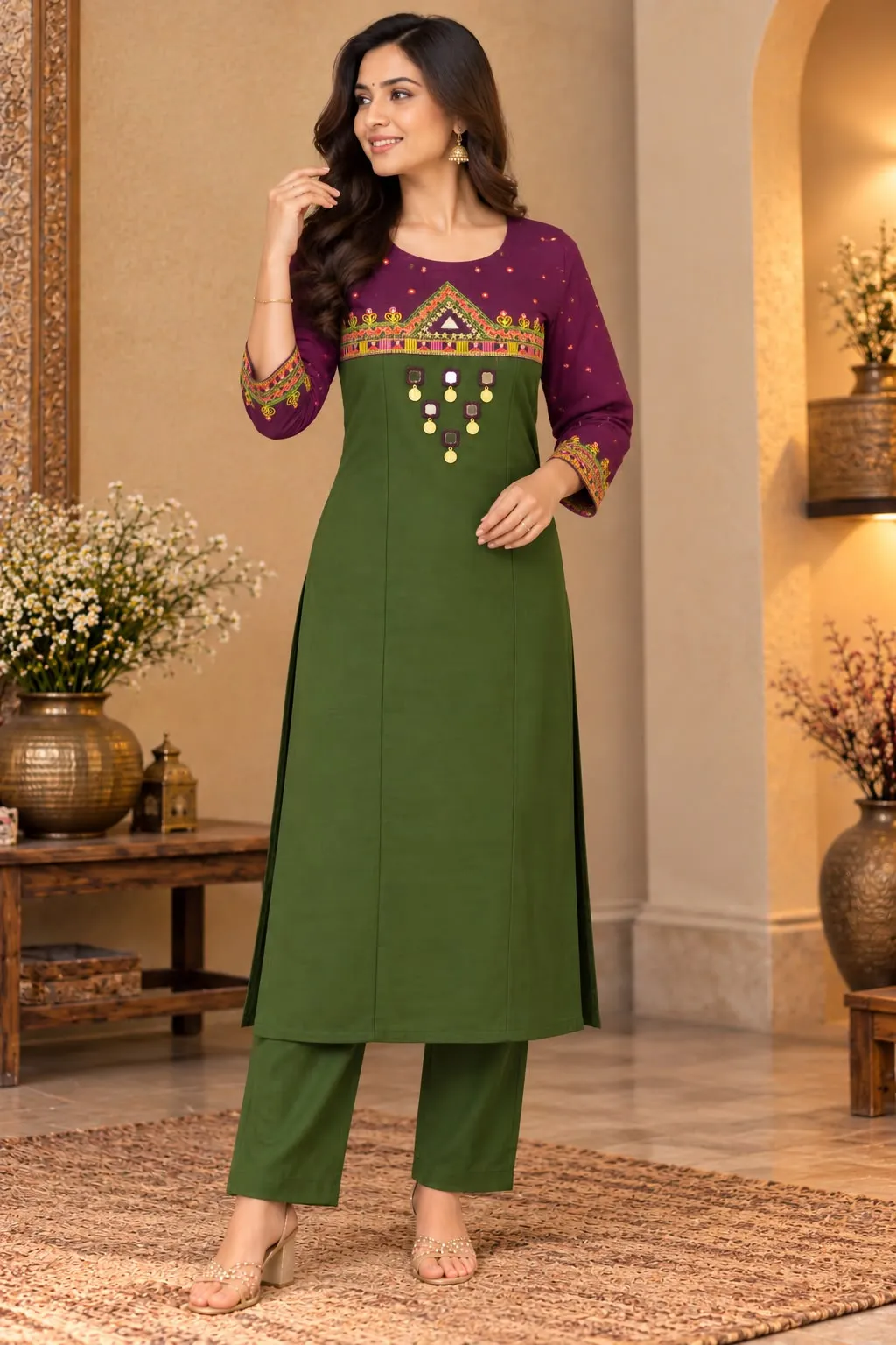 Premium Dabu Cotton Straight Kurti with Pant Set | Real Mirror & Thread Embroidery Neck Work (M–4XL)