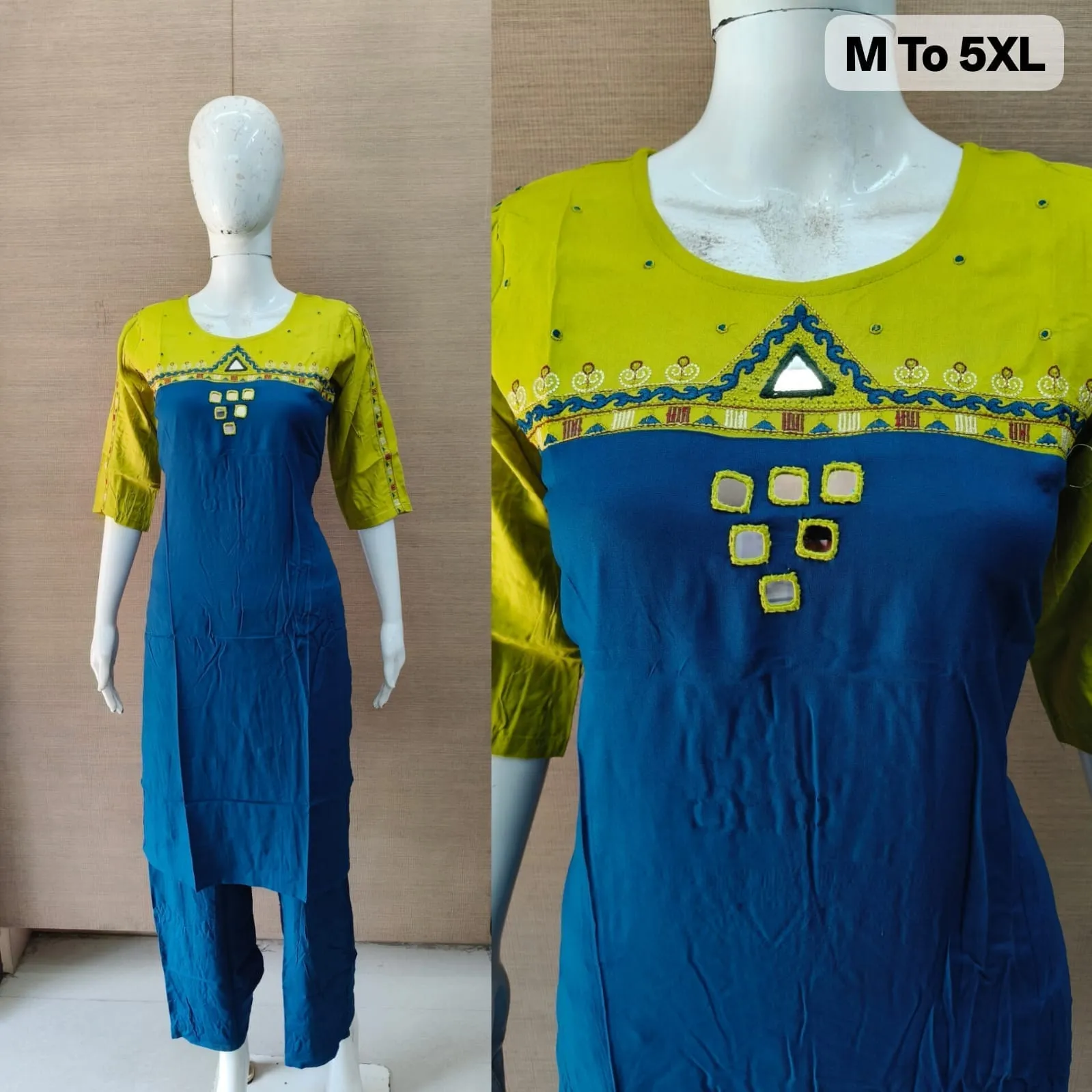 Premium Rayon Mirror Work Straight Kurti Palazzo Set (M to 5XL)