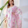 Pure 60/60 Cotton Floral Kurta Pant Set with Mulmul Dupatta | Handwork Lotus Print 3-Piece Suit (M–3XL)