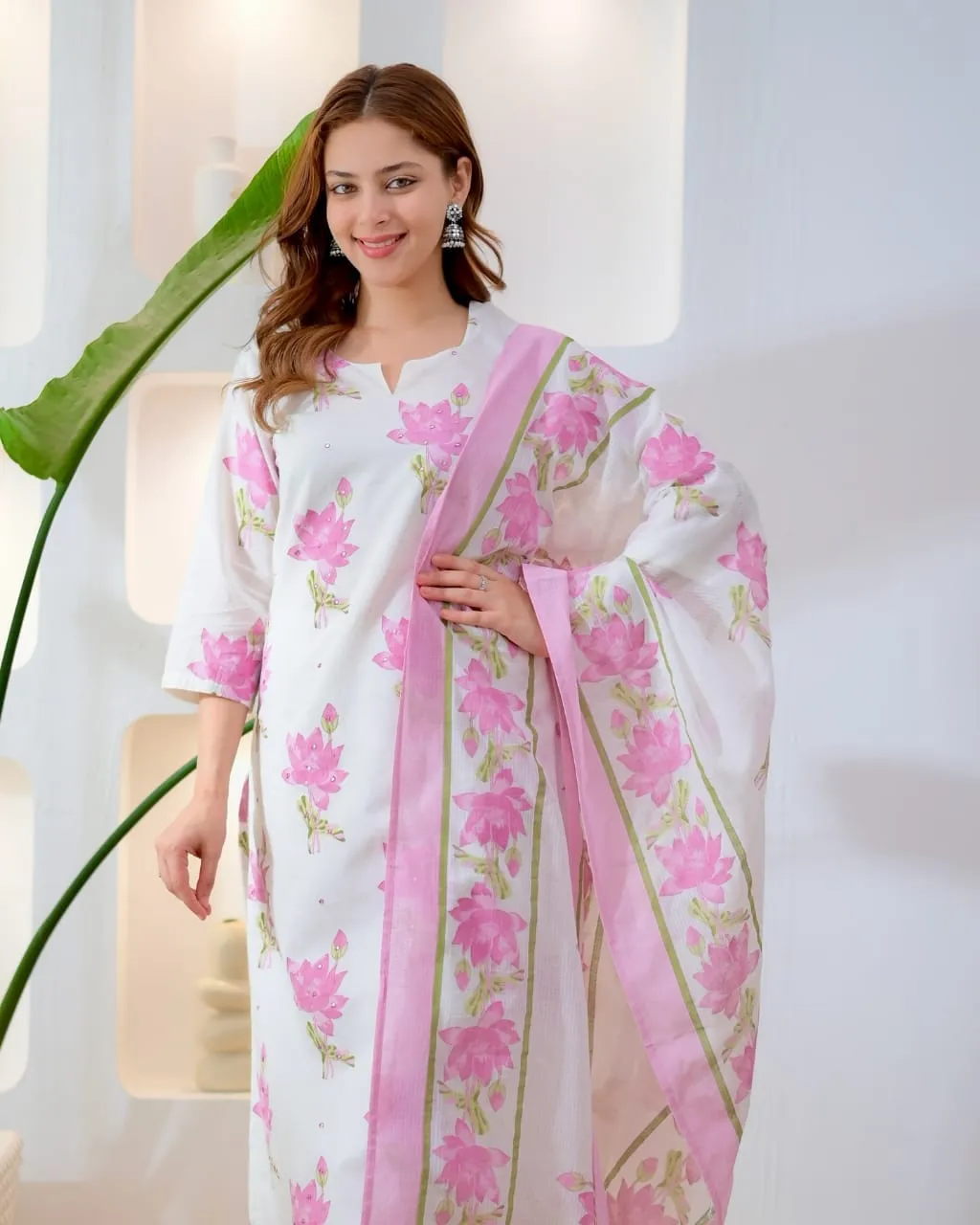 Pure 60/60 Cotton Floral Kurta Pant Set with Mulmul Dupatta | Handwork Lotus Print 3-Piece Suit (M–3XL)