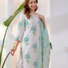 Pure 60/60 Cotton Floral Kurta Pant Set with Mulmul Dupatta | Handwork Lotus Print 3-Piece Suit (M–3XL) - Image 11