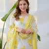 Pure 60/60 Cotton Floral Kurta Pant Set with Mulmul Dupatta | Handwork Lotus Print 3-Piece Suit (M–3XL) - Image 3