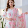 Pure 60/60 Cotton Floral Kurta Pant Set with Mulmul Dupatta | Handwork Lotus Print 3-Piece Suit (M–3XL) - Image 4