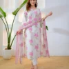 Pure 60/60 Cotton Floral Kurta Pant Set with Mulmul Dupatta | Handwork Lotus Print 3-Piece Suit (M–3XL) - Image 7