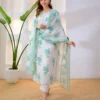 Pure 60/60 Cotton Floral Kurta Pant Set with Mulmul Dupatta | Handwork Lotus Print 3-Piece Suit (M–3XL) - Image 9