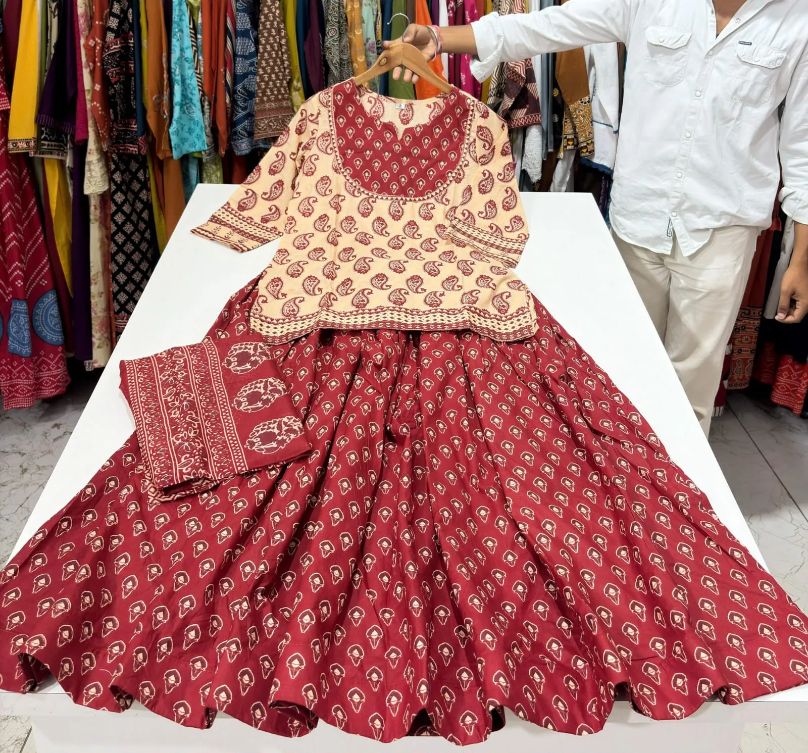 Pure 60s Cotton Jaipuri Print Kurti with Flared Skirt and Mulmul Dupatta Set – Handwork Gopi Dress