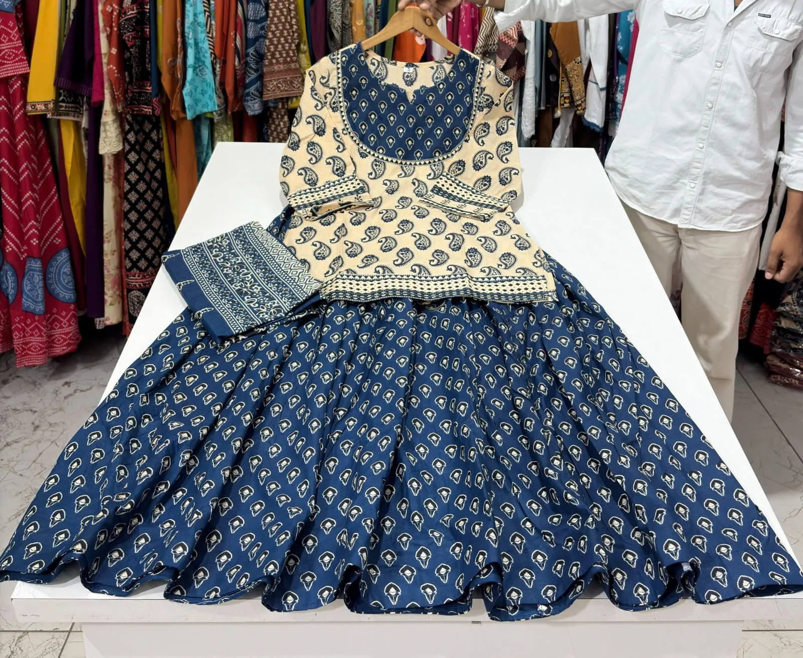 Pure 60s Cotton Jaipuri Print Kurti with Flared Skirt and Mulmul Dupatta Set – Handwork Gopi Dress - Image 10