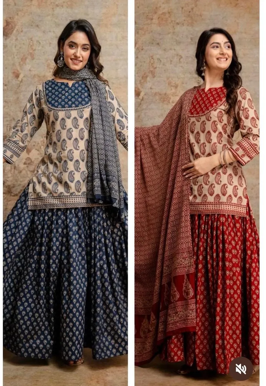 Pure 60s Cotton Jaipuri Print Kurti with Flared Skirt and Mulmul Dupatta Set – Handwork Gopi Dress - Image 2
