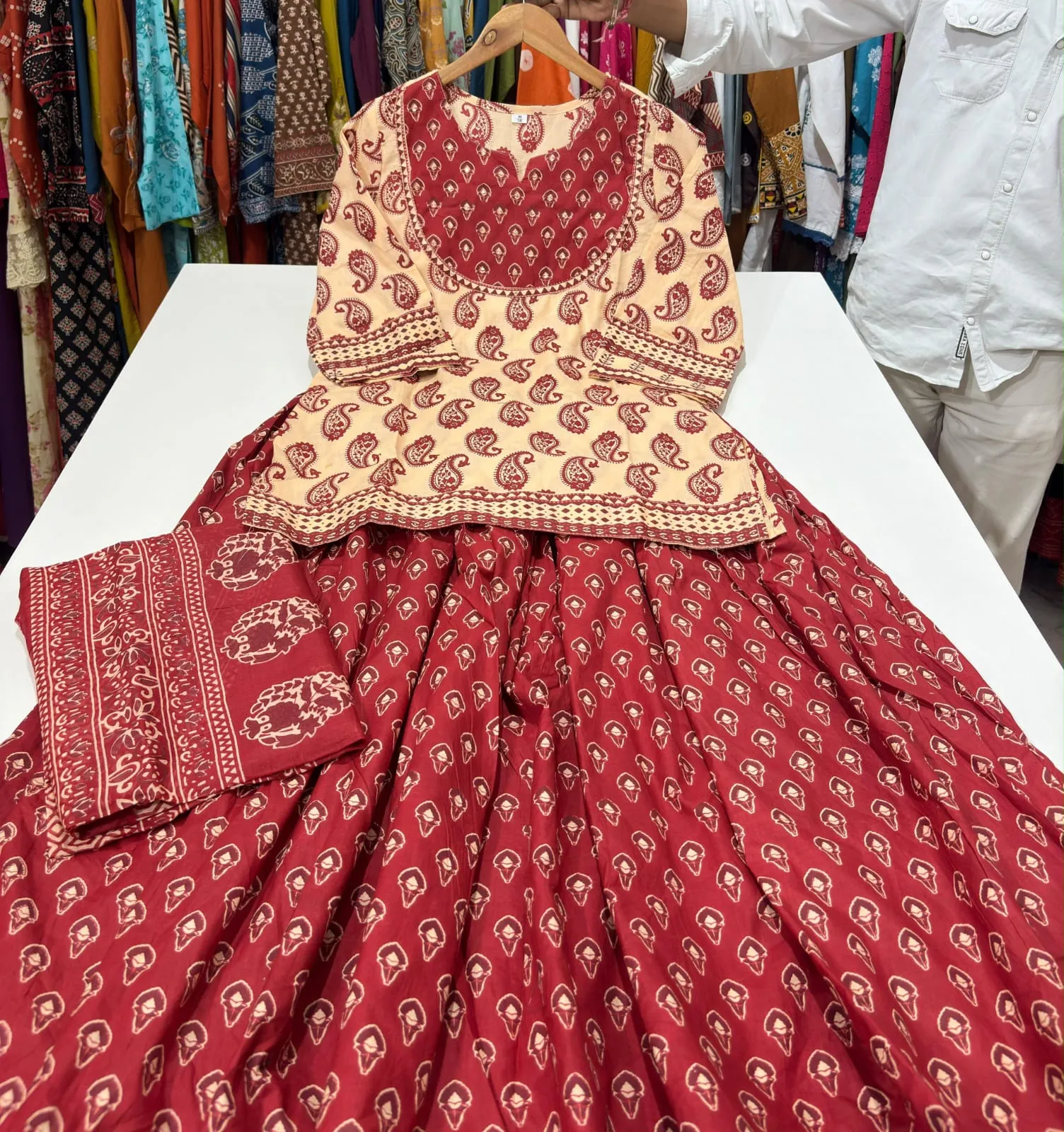 Pure 60s Cotton Jaipuri Print Kurti with Flared Skirt and Mulmul Dupatta Set – Handwork Gopi Dress - Image 8