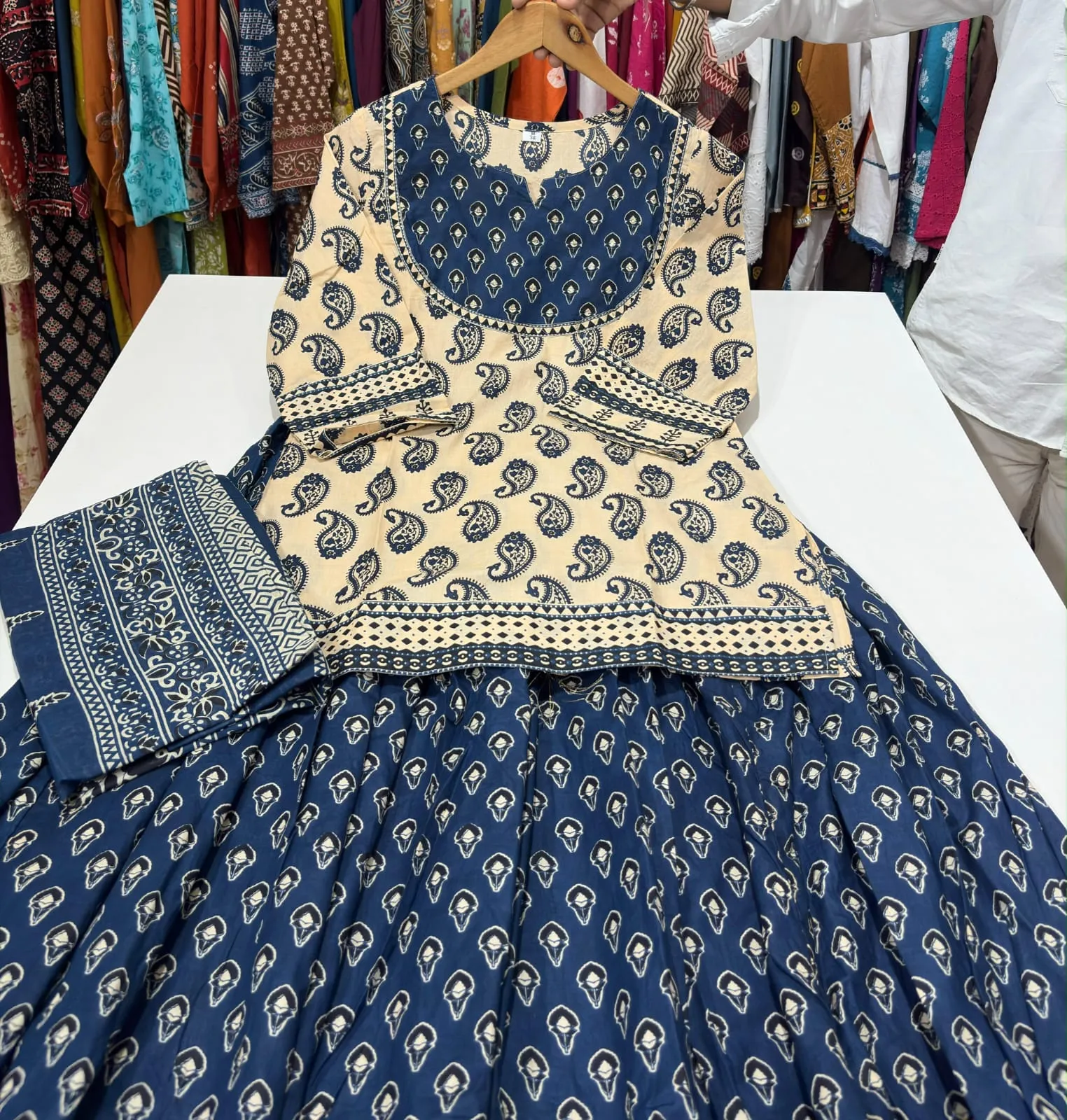 Pure 60s Cotton Jaipuri Print Kurti with Flared Skirt and Mulmul Dupatta Set – Handwork Gopi Dress - Image 9