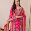 Pure Chinon Bandhani Kurti Palazzo Dupatta Set - Image 3