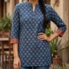 Pure Cotton 60/60 Ajrakh Hand Block Print Short Kurti – Mandarin Collar Casual Tunic Top for Women (Sizes M to 3XL)