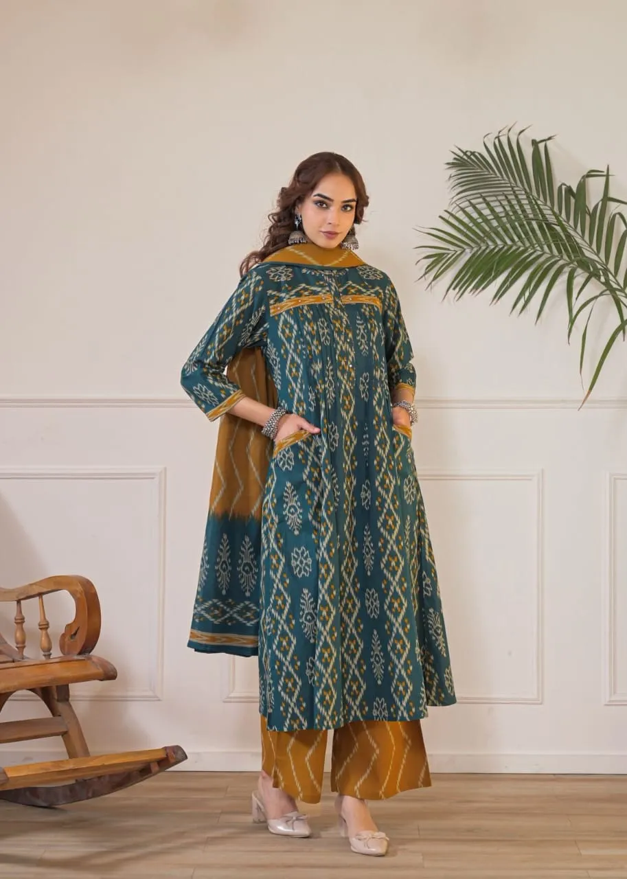 Pure Cotton 60/60 Ikat Print A-Line Kurti Pant Set with Both Side Pockets & Adda Work Detailing (3-Piece Suit)