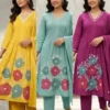 Pure Cotton 60/60 Pintuck A-Line Kurti Pant Set with Heavy Floral Thread Embroidery & Dupatta (3-Piece Festive Suit)