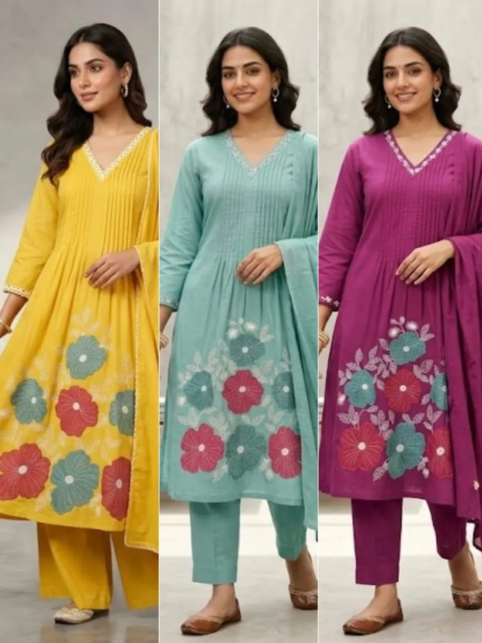 Pure Cotton 60/60 Pintuck A-Line Kurti Pant Set with Heavy Floral Thread Embroidery & Dupatta (3-Piece Festive Suit)