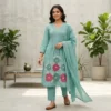 Pure Cotton 60/60 Pintuck A-Line Kurti Pant Set with Heavy Floral Thread Embroidery & Dupatta (3-Piece Festive Suit) - Image 2