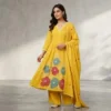 Pure Cotton 60/60 Pintuck A-Line Kurti Pant Set with Heavy Floral Thread Embroidery & Dupatta (3-Piece Festive Suit) - Image 3