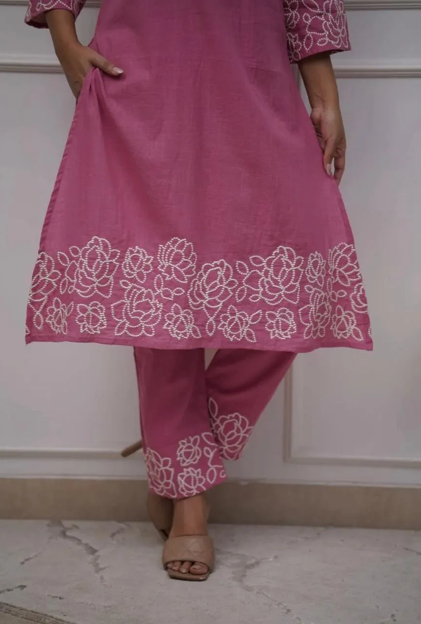 Pure Cotton 6060 V-Neck Kurti Pant Set with Embroidery Work | Elegant Office & Daily Wear 2-Piece Suit - Image 10