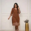 Pure Cotton 6060 V-Neck Kurti Pant Set with Embroidery Work | Elegant Office & Daily Wear 2-Piece Suit - Image 11