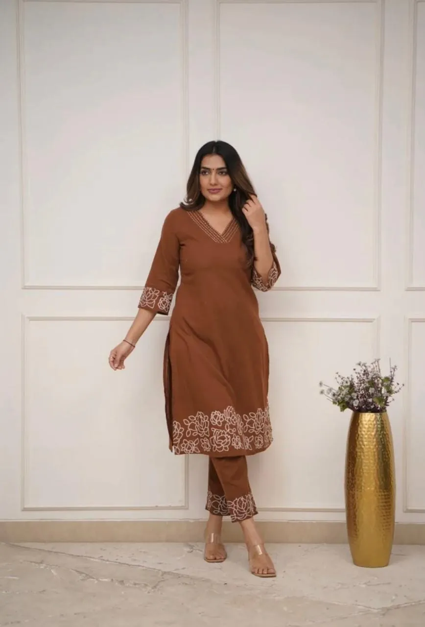 Pure Cotton 6060 V-Neck Kurti Pant Set with Embroidery Work | Elegant Office & Daily Wear 2-Piece Suit - Image 11