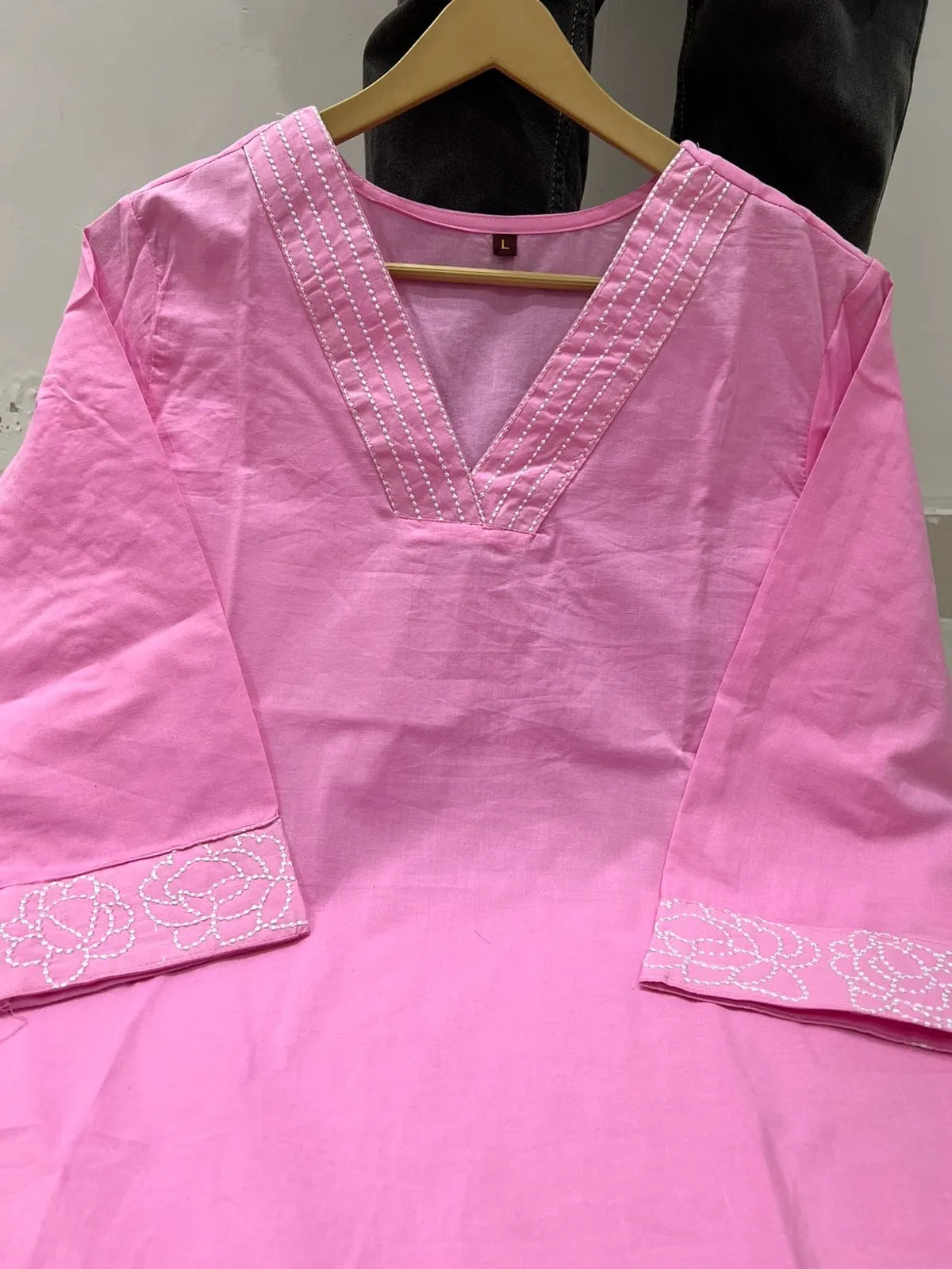 Pure Cotton 6060 V-Neck Kurti Pant Set with Embroidery Work | Elegant Office & Daily Wear 2-Piece Suit - Image 12