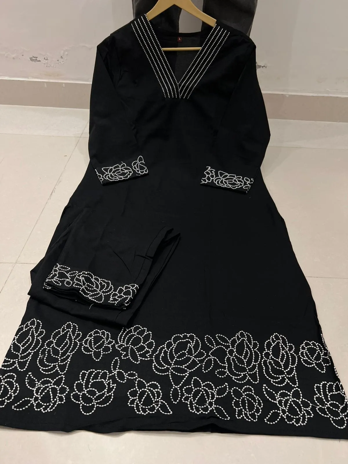 Pure Cotton 6060 V-Neck Kurti Pant Set with Embroidery Work | Elegant Office & Daily Wear 2-Piece Suit - Image 13
