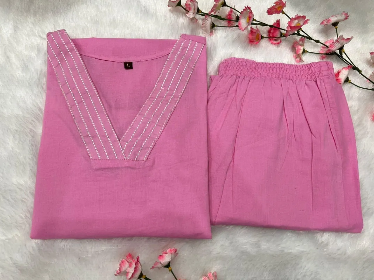 Pure Cotton 6060 V-Neck Kurti Pant Set with Embroidery Work | Elegant Office & Daily Wear 2-Piece Suit - Image 14