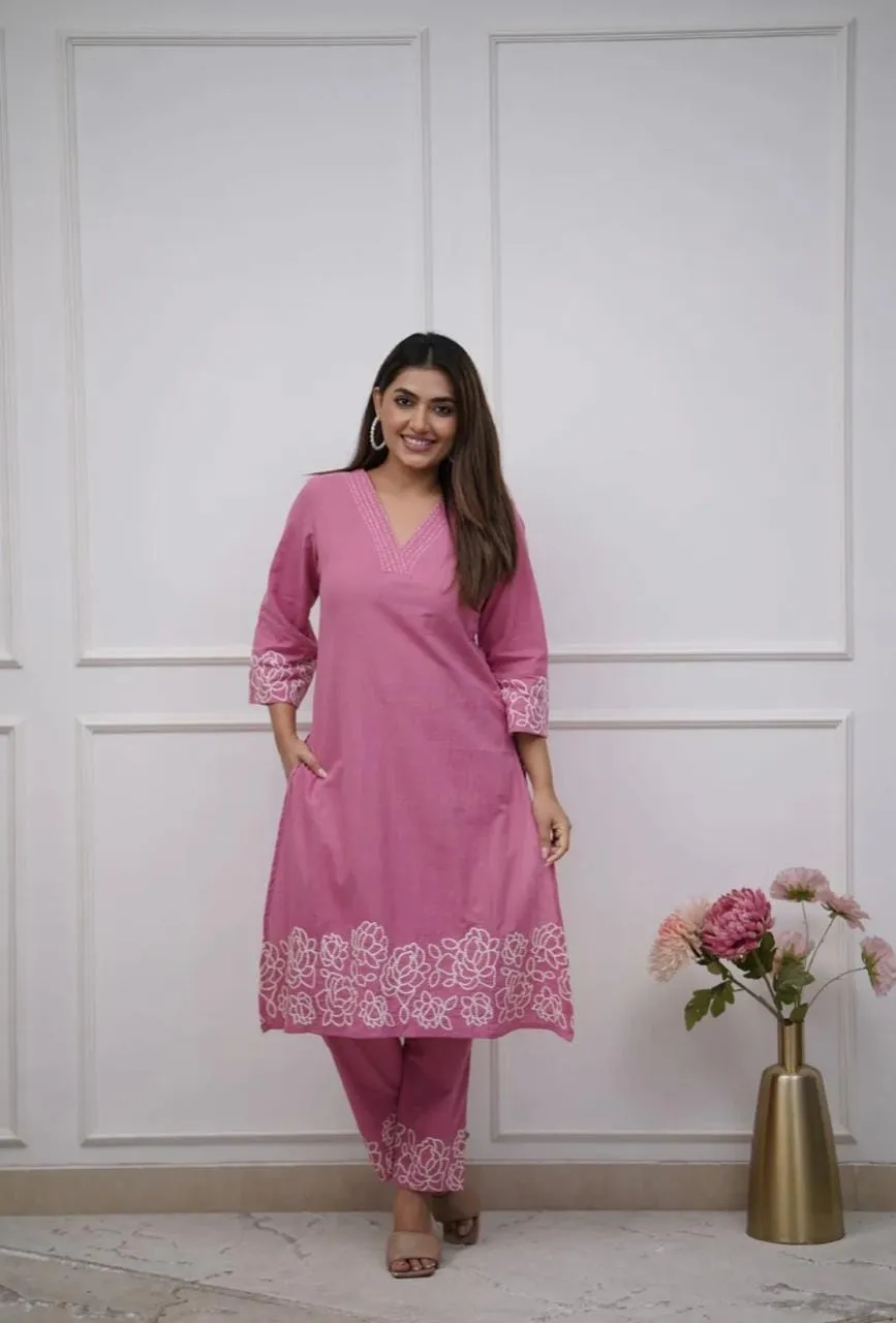 Pure Cotton 6060 V-Neck Kurti Pant Set with Embroidery Work | Elegant Office & Daily Wear 2-Piece Suit - Image 15