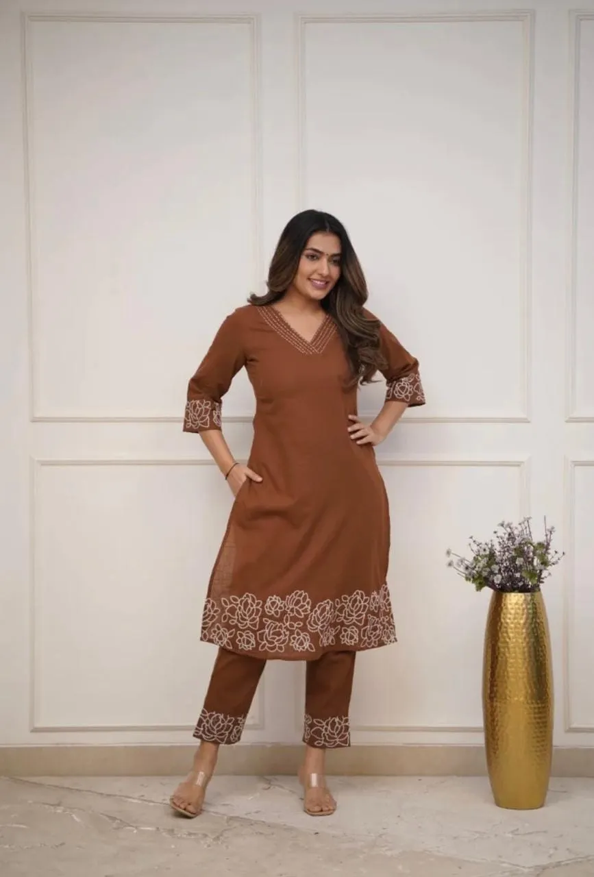 Pure Cotton 6060 V-Neck Kurti Pant Set with Embroidery Work | Elegant Office & Daily Wear 2-Piece Suit - Image 16