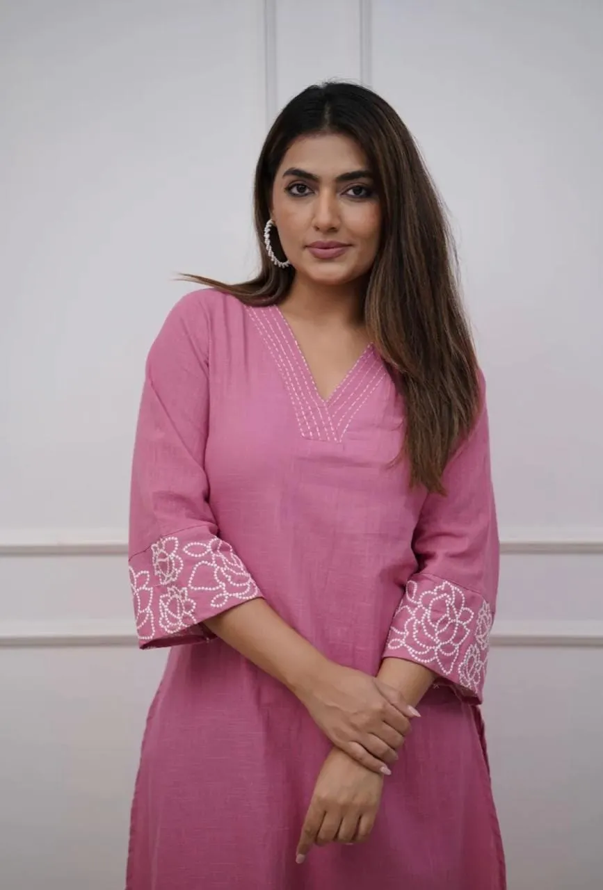 Pure Cotton 6060 V-Neck Kurti Pant Set with Embroidery Work | Elegant Office & Daily Wear 2-Piece Suit - Image 17