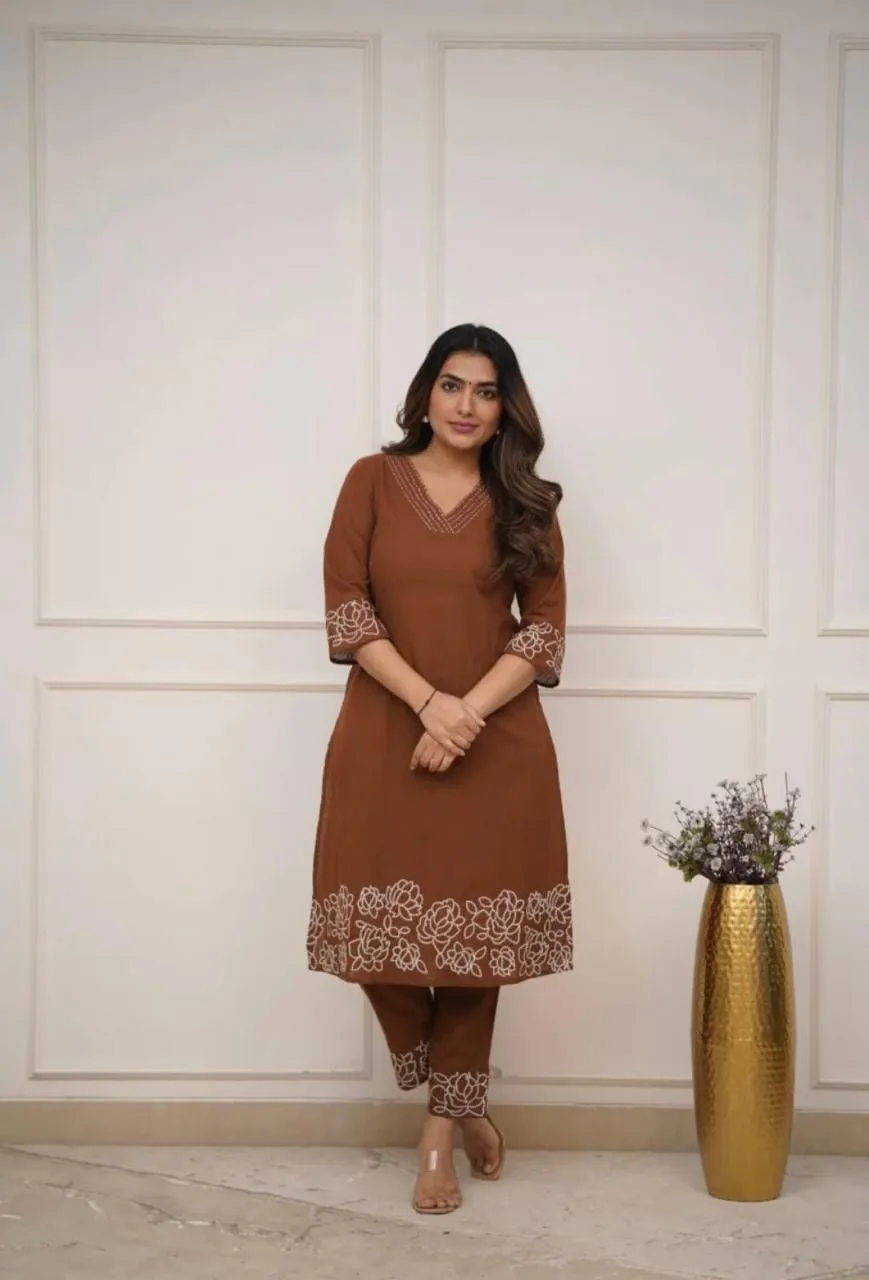 Pure Cotton 6060 V-Neck Kurti Pant Set with Embroidery Work | Elegant Office & Daily Wear 2-Piece Suit - Image 18