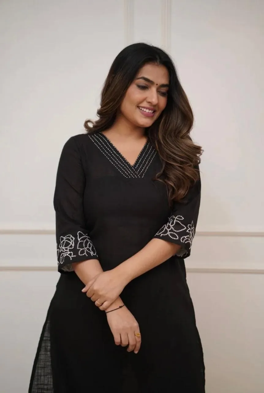 Pure Cotton 6060 V-Neck Kurti Pant Set with Embroidery Work | Elegant Office & Daily Wear 2-Piece Suit - Image 2